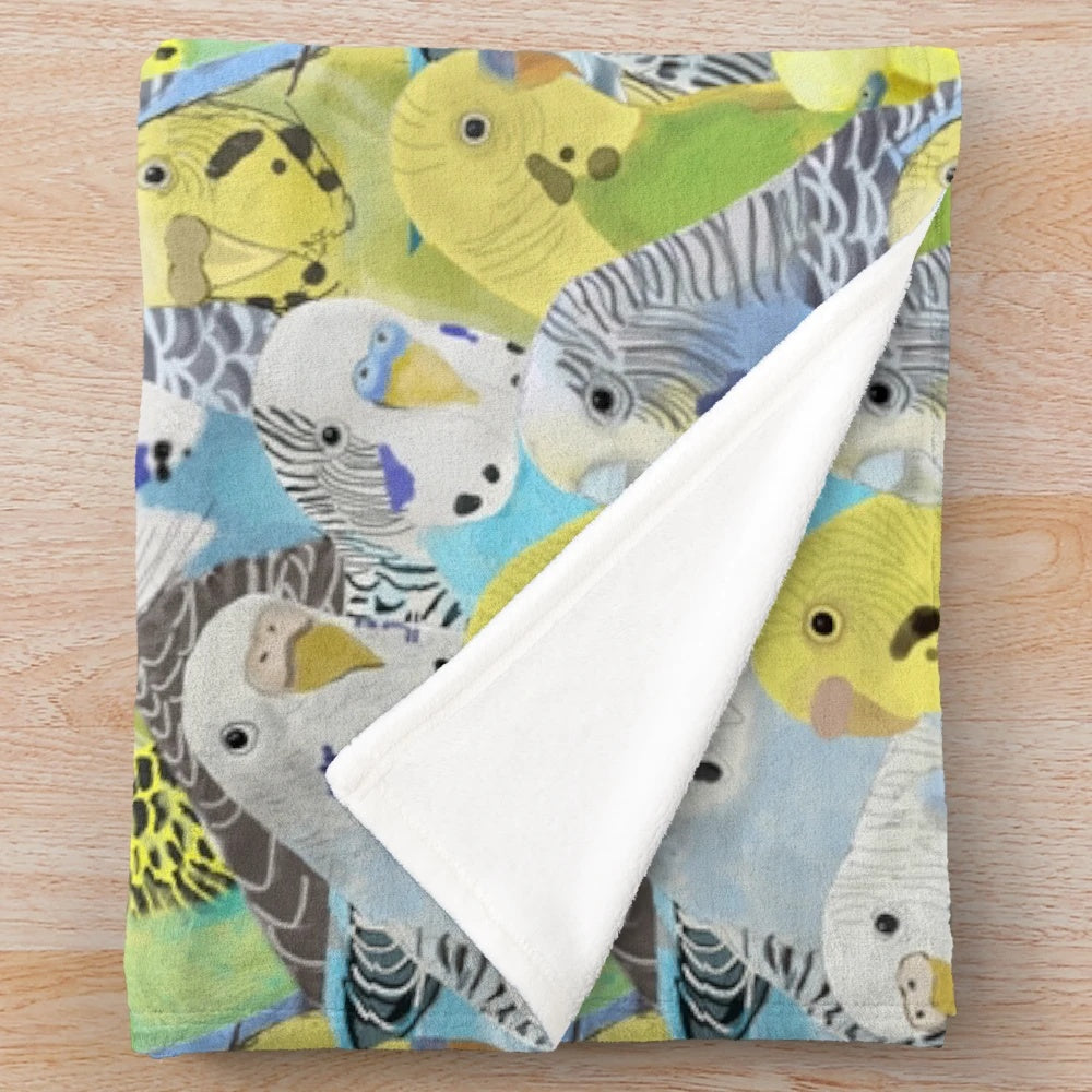 Cozy plush blanket featuring a charming budgie parakeet pattern design
