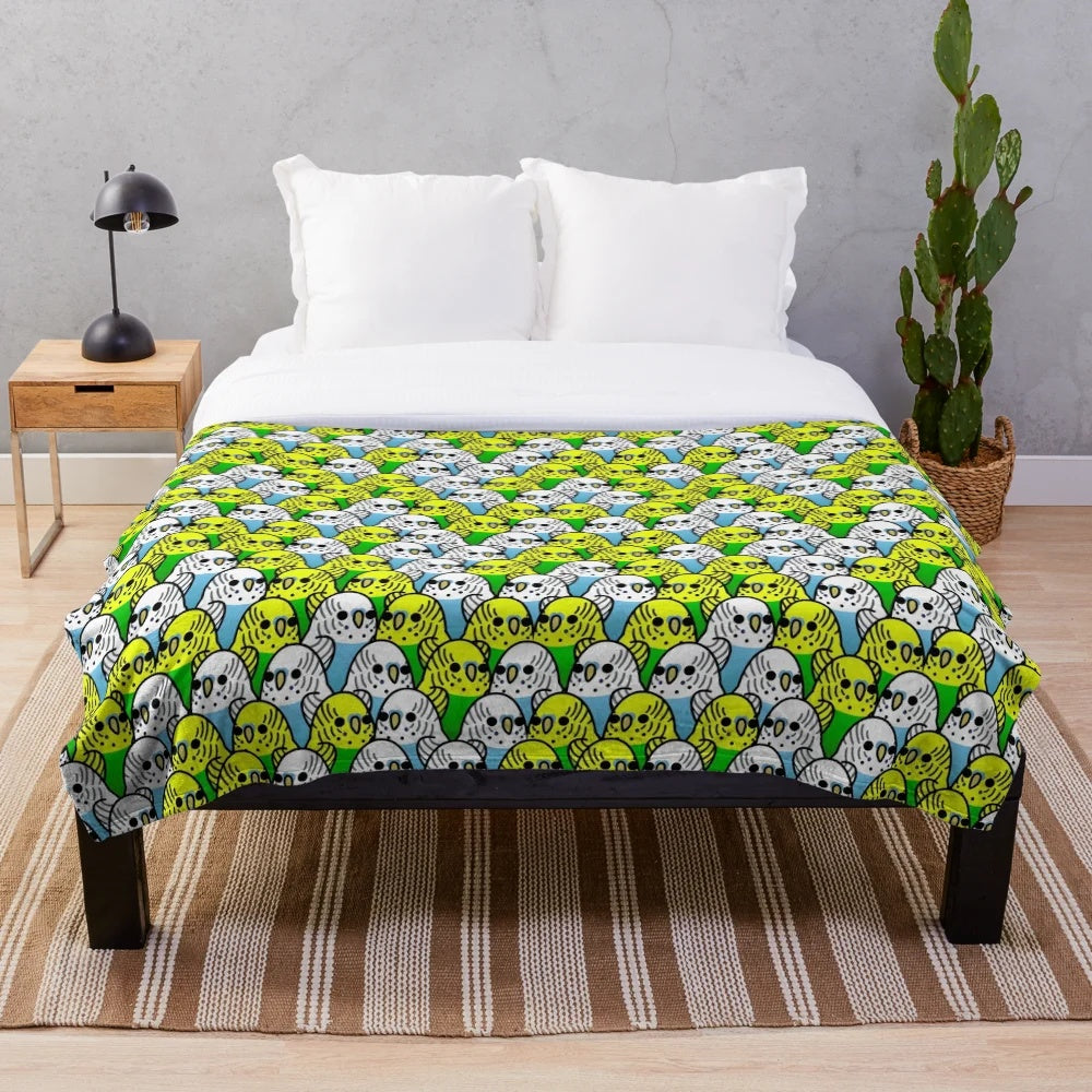 Plush blanket featuring a group of cute and colorful budgies or parakeets