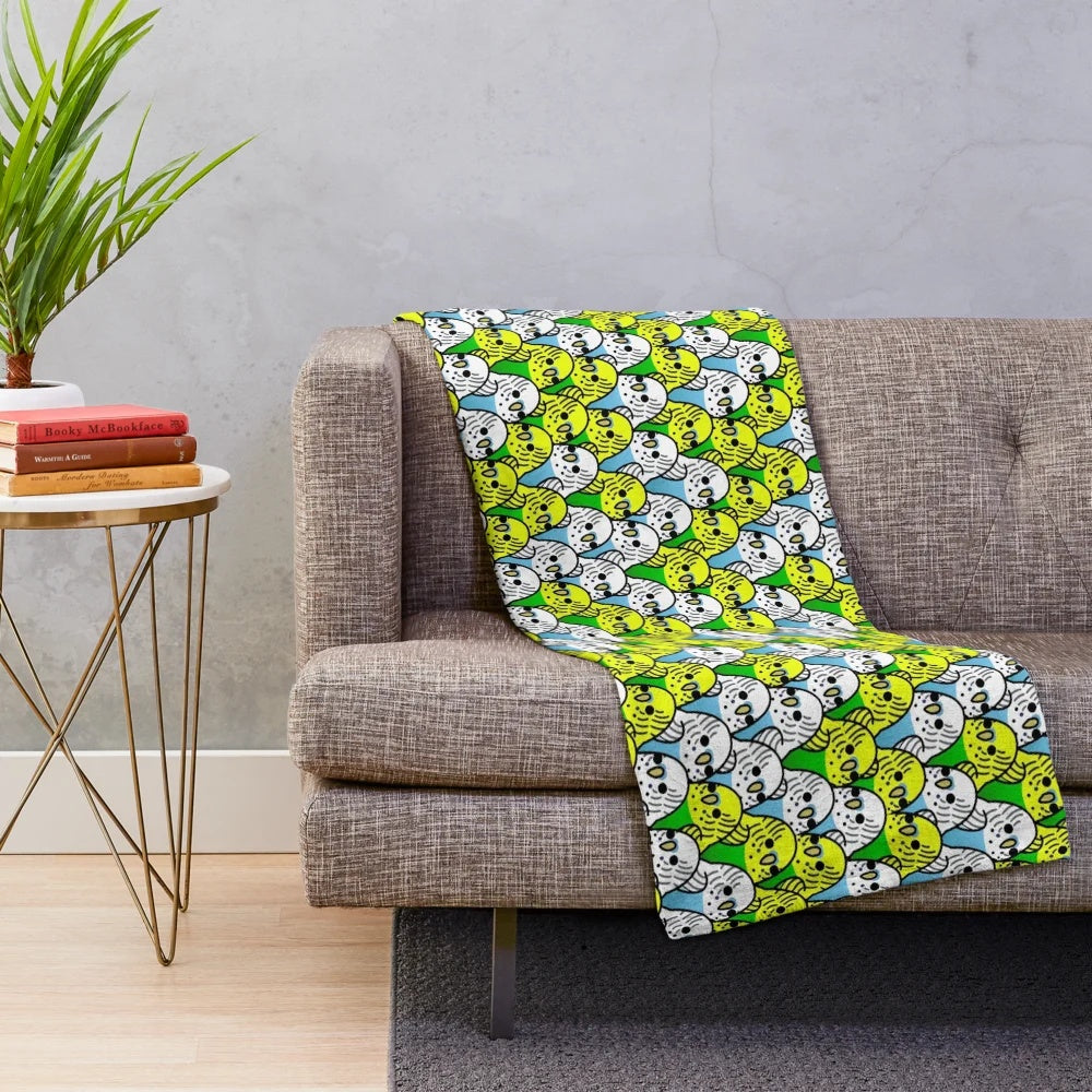 Plush blanket featuring a group of cute and colorful budgies or parakeets