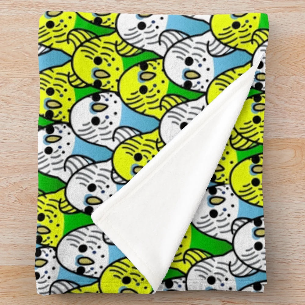 Plush blanket featuring a group of cute and colorful budgies or parakeets