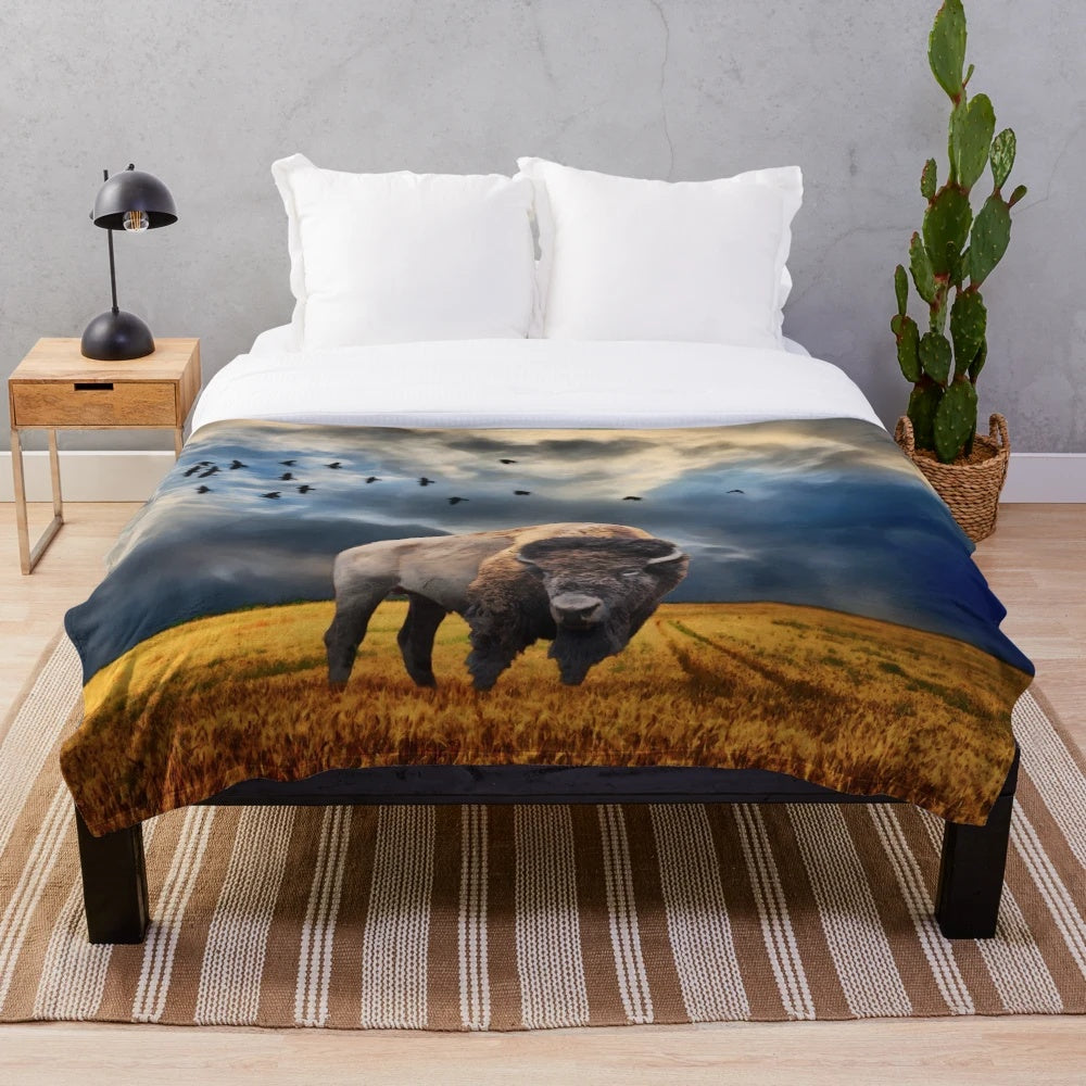 Plush buffalo blanket with American bison design