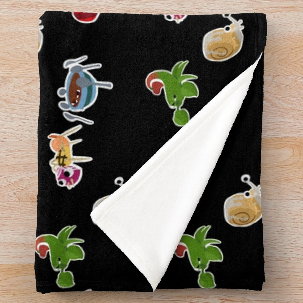 Bugsnax-themed plush blanket with cute characters