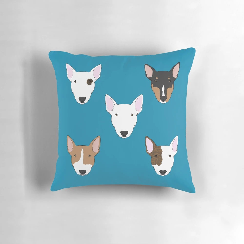Soft, plush pillow with a bull terrier print, perfect for decorating any room.