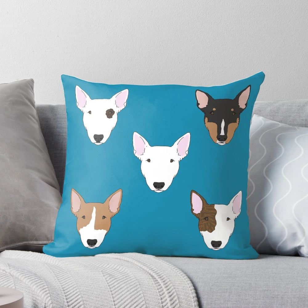 Soft, plush pillow with a bull terrier print, perfect for decorating any room.