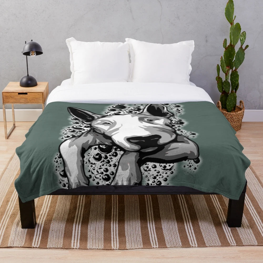 Soft and fluffy bull terrier plush blanket featuring the Sookiesooker dog breed design