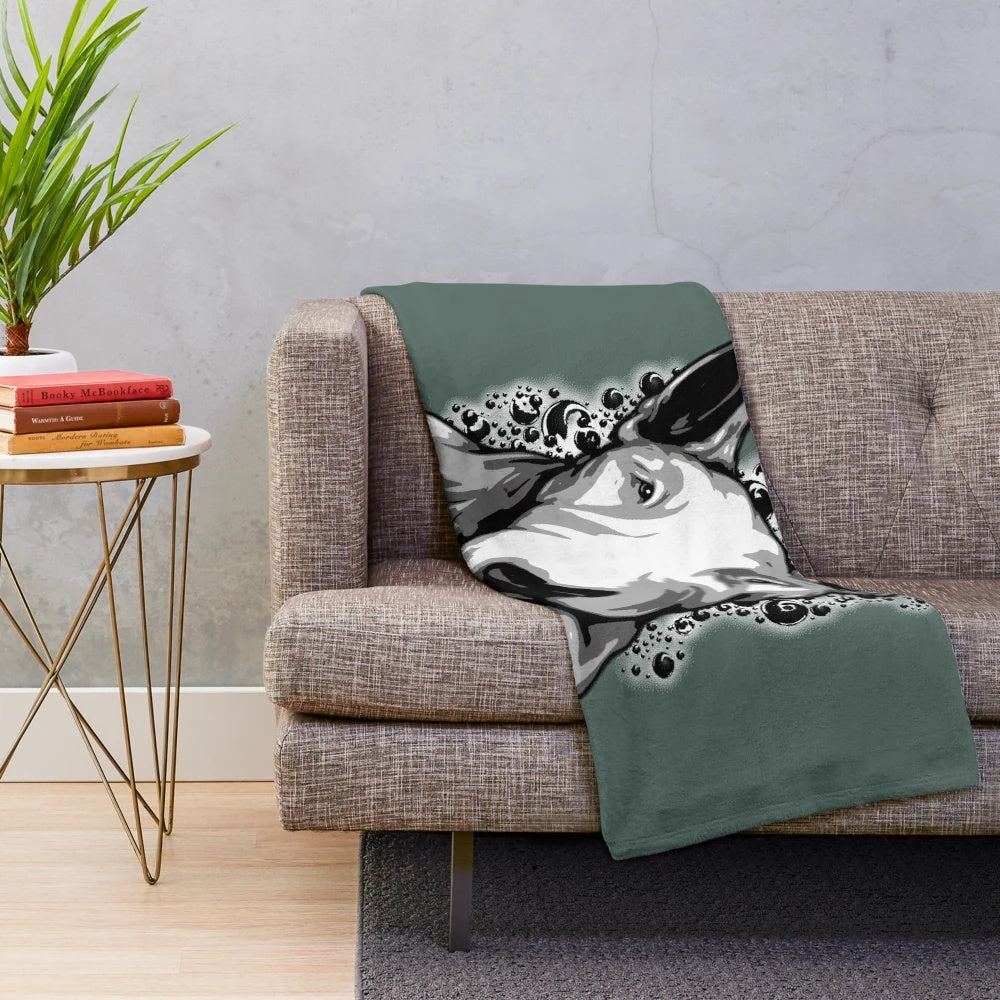 Soft and fluffy bull terrier plush blanket featuring the Sookiesooker dog breed design