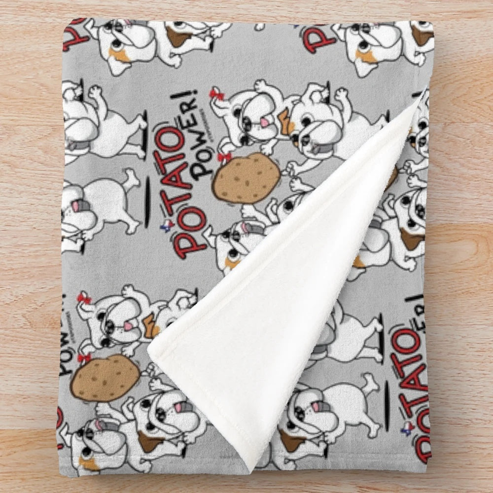 Soft and warm plush blanket featuring a cute English bulldog and potatoes design