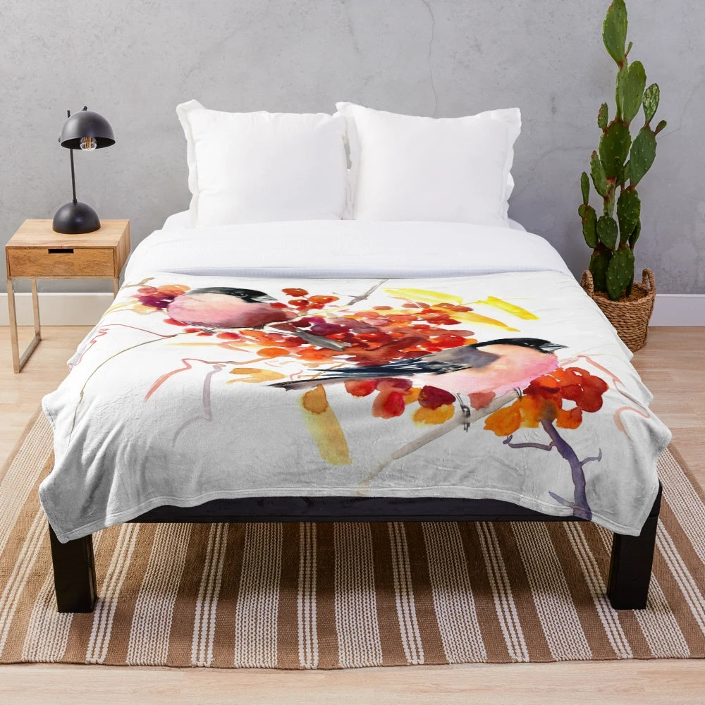 Plush blanket featuring a vintage-style illustration of two bullfinch birds surrounded by fall foliage and berries