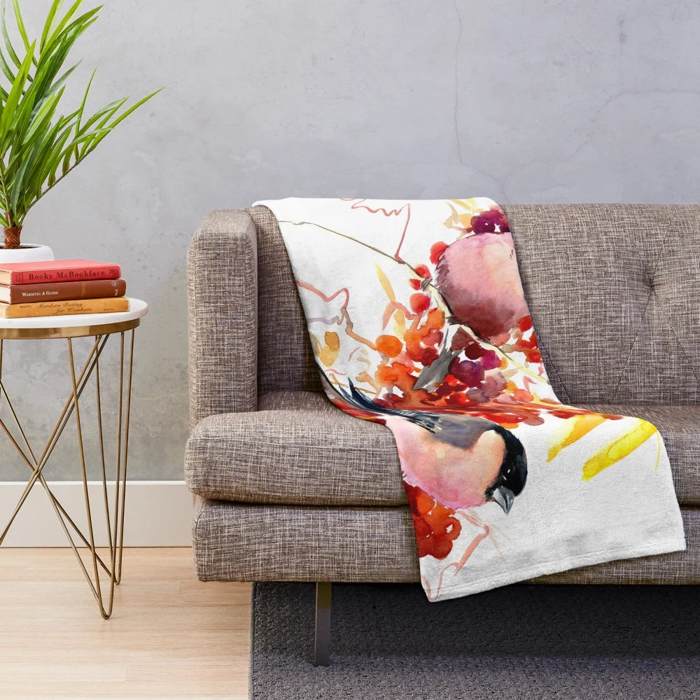 Plush blanket featuring a vintage-style illustration of two bullfinch birds surrounded by fall foliage and berries