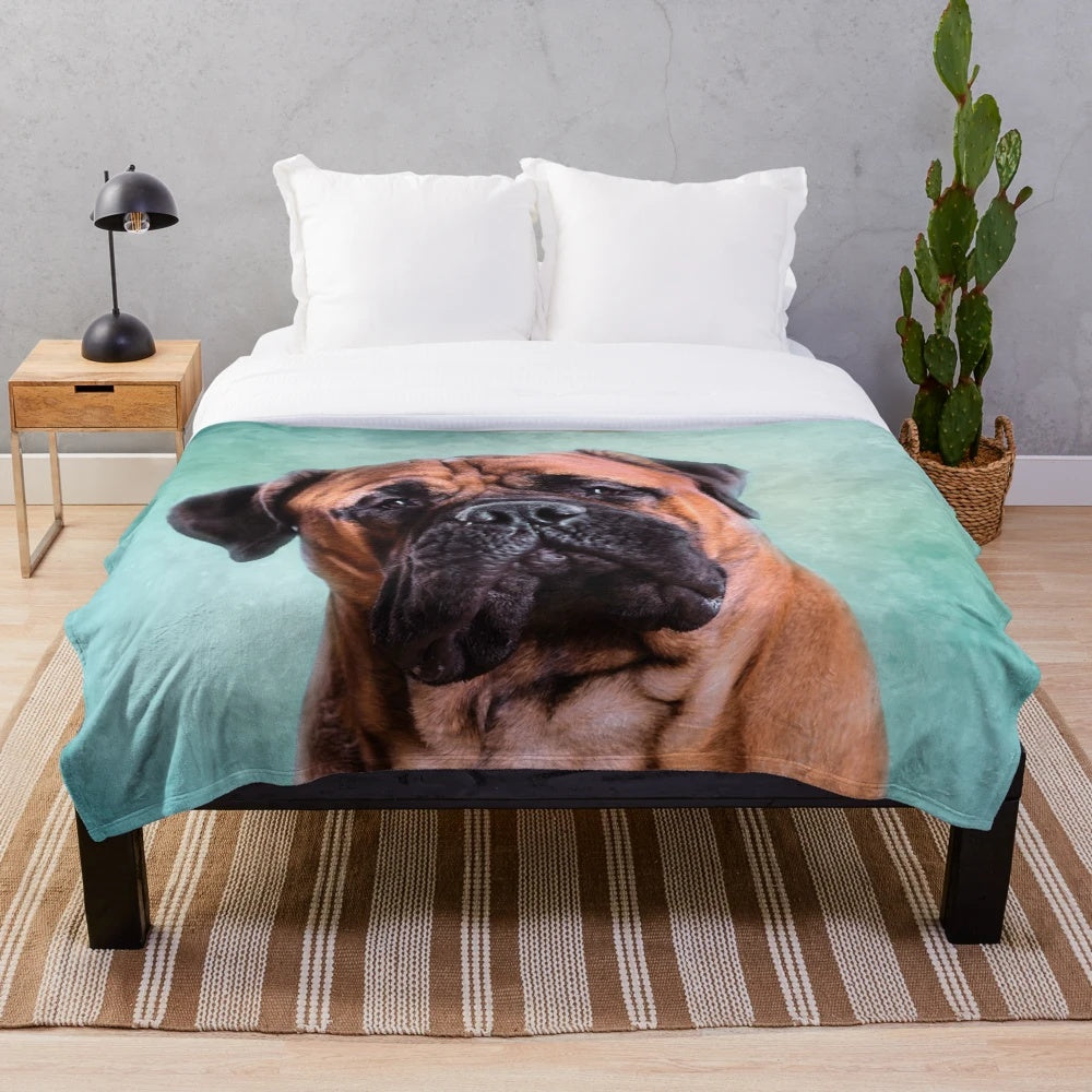 Bullmastiff dog plush blanket with realistic pet portrait