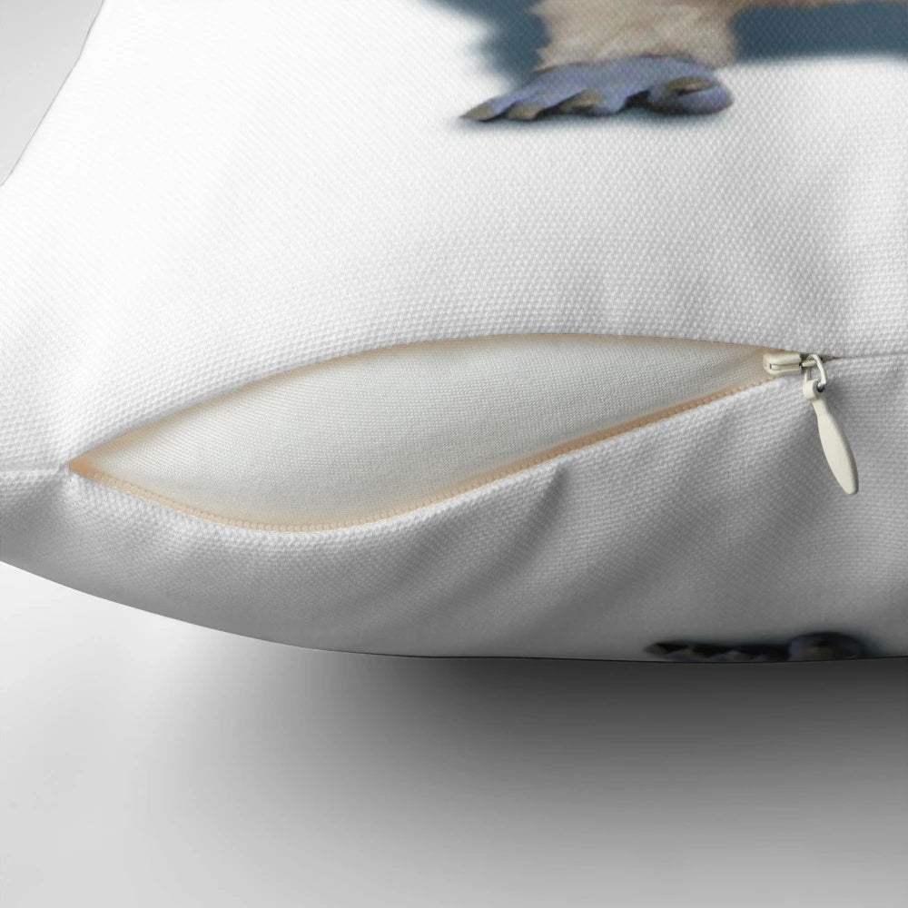 Soft, plush Bumble the Abominable Snowman pillow with a snowy winter scene, perfect for Christmas and holiday home decor.