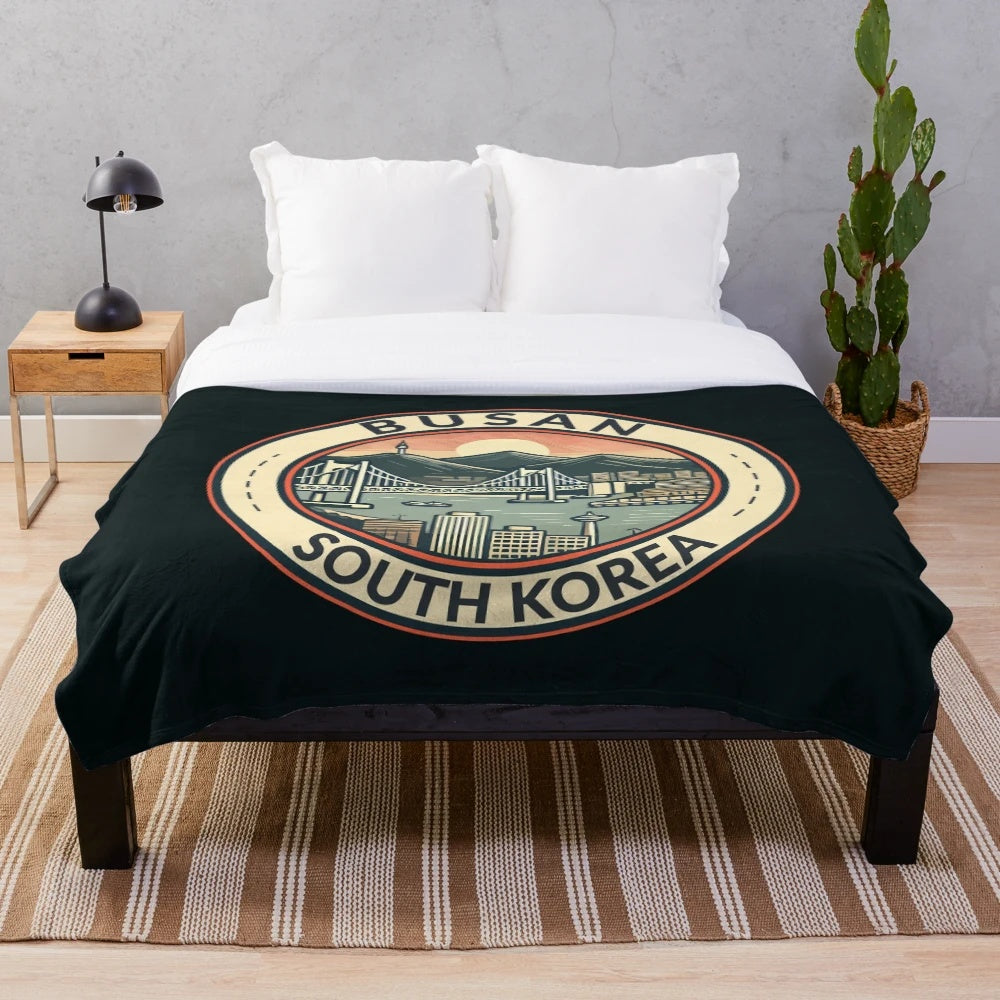 Busan South Korea travel art illustration plush blanket