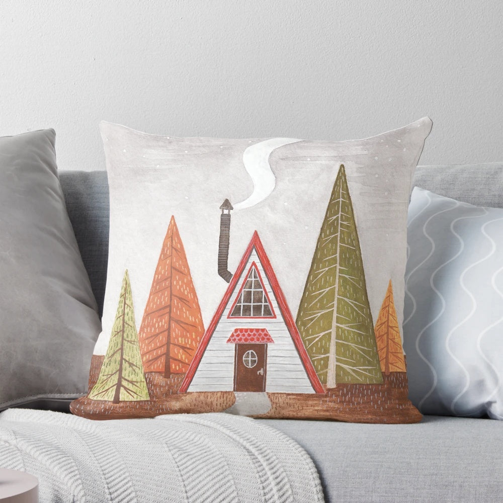Rustic cabin-inspired throw pillow with nature-themed design