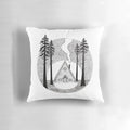 Cozy black and white pen and ink illustration of a cabin in the woods on a Build Pillow by artist Robin Hogan