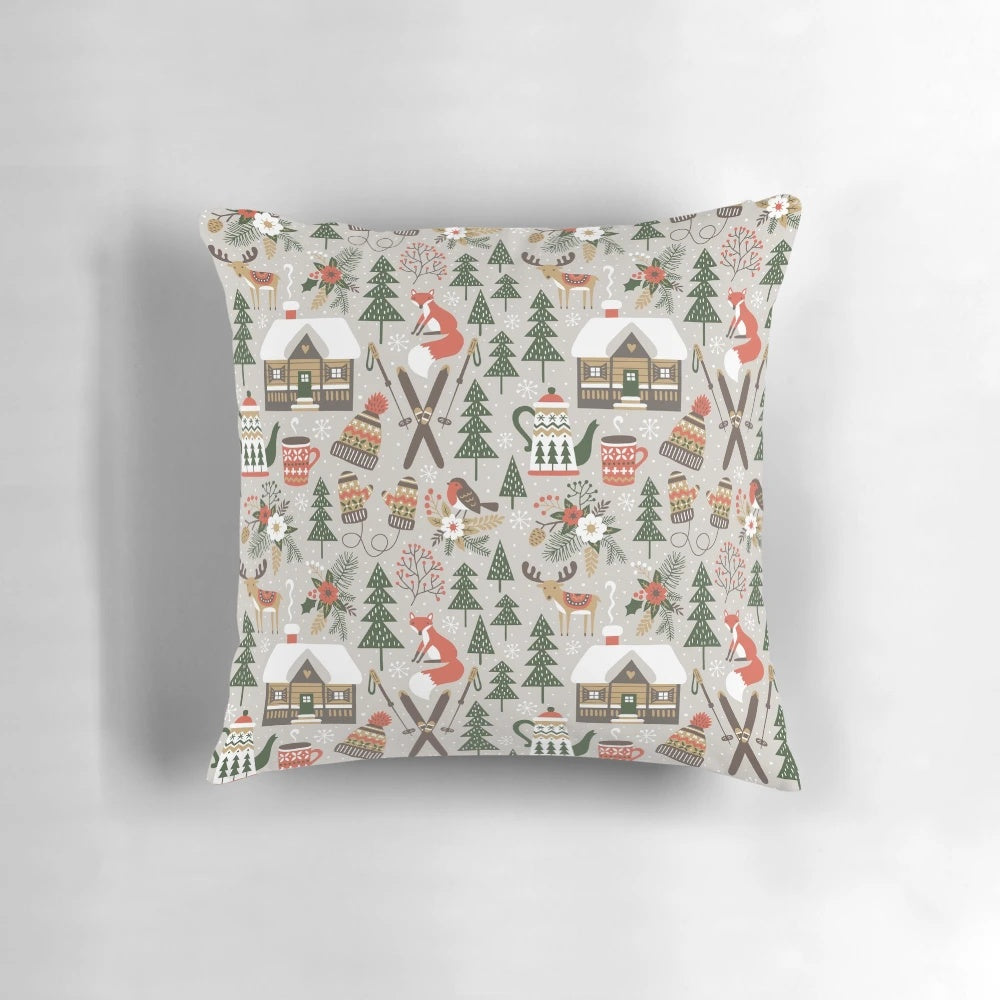 Cozy Cabin Throw Pillow with winter nature design in light grey