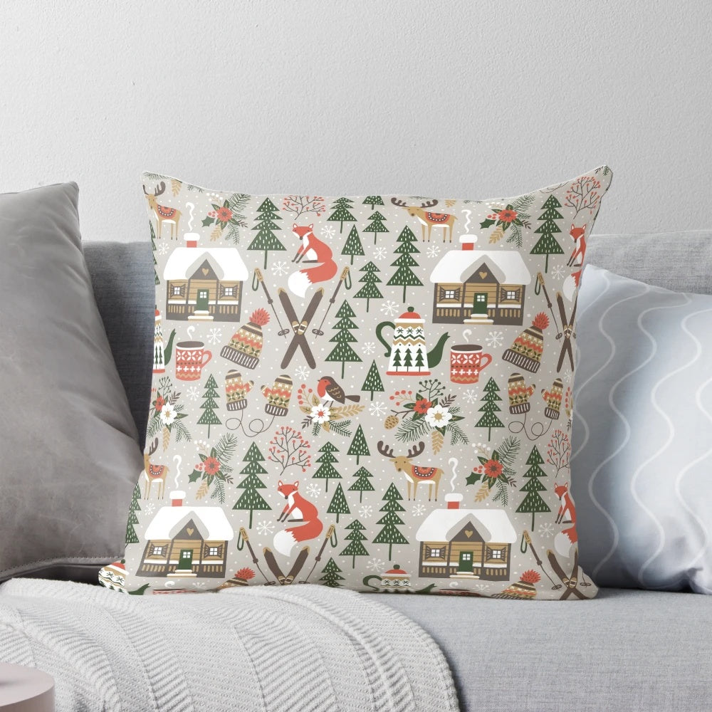 Cozy Cabin Throw Pillow with winter nature design in light grey
