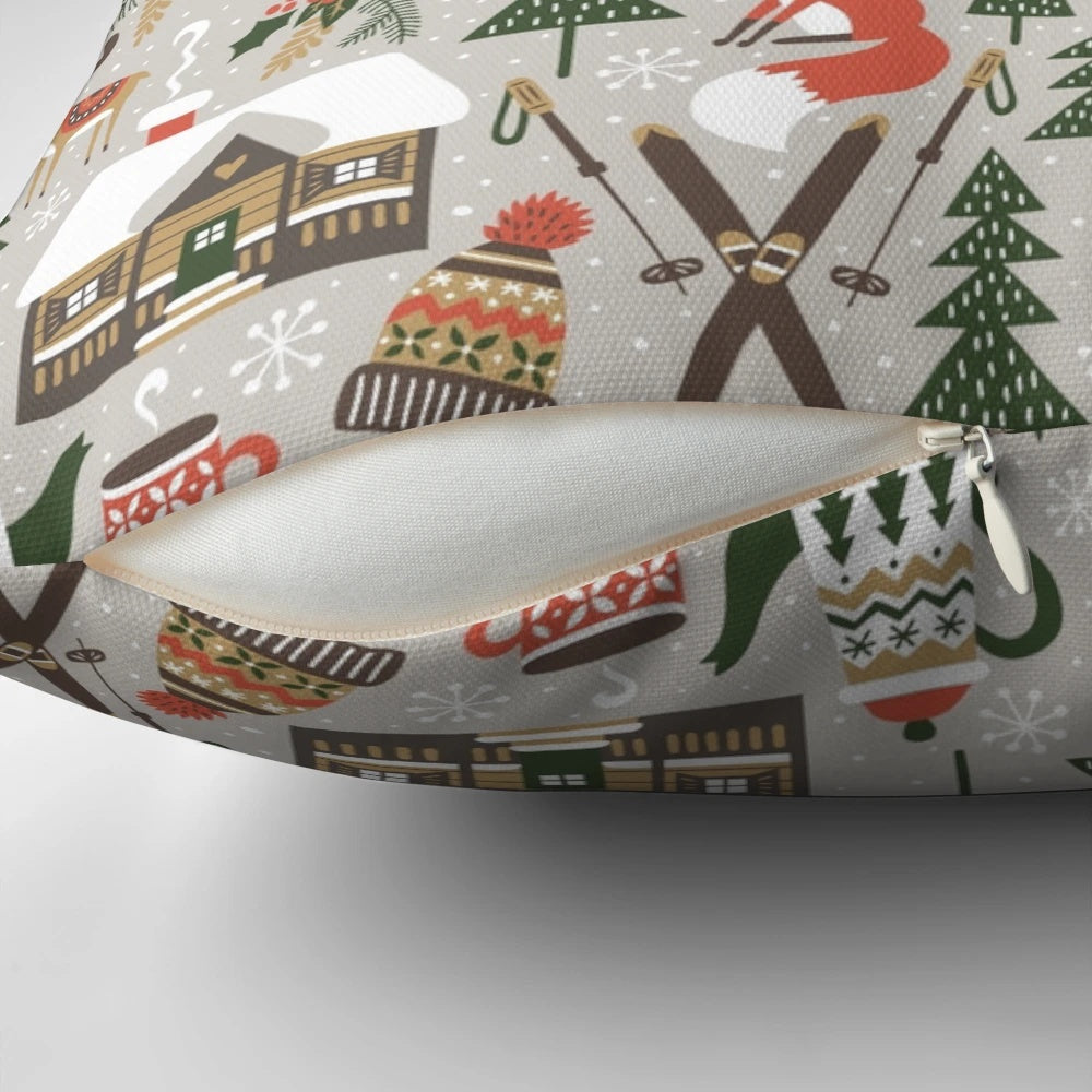 Cozy Cabin Throw Pillow with winter nature design in light grey