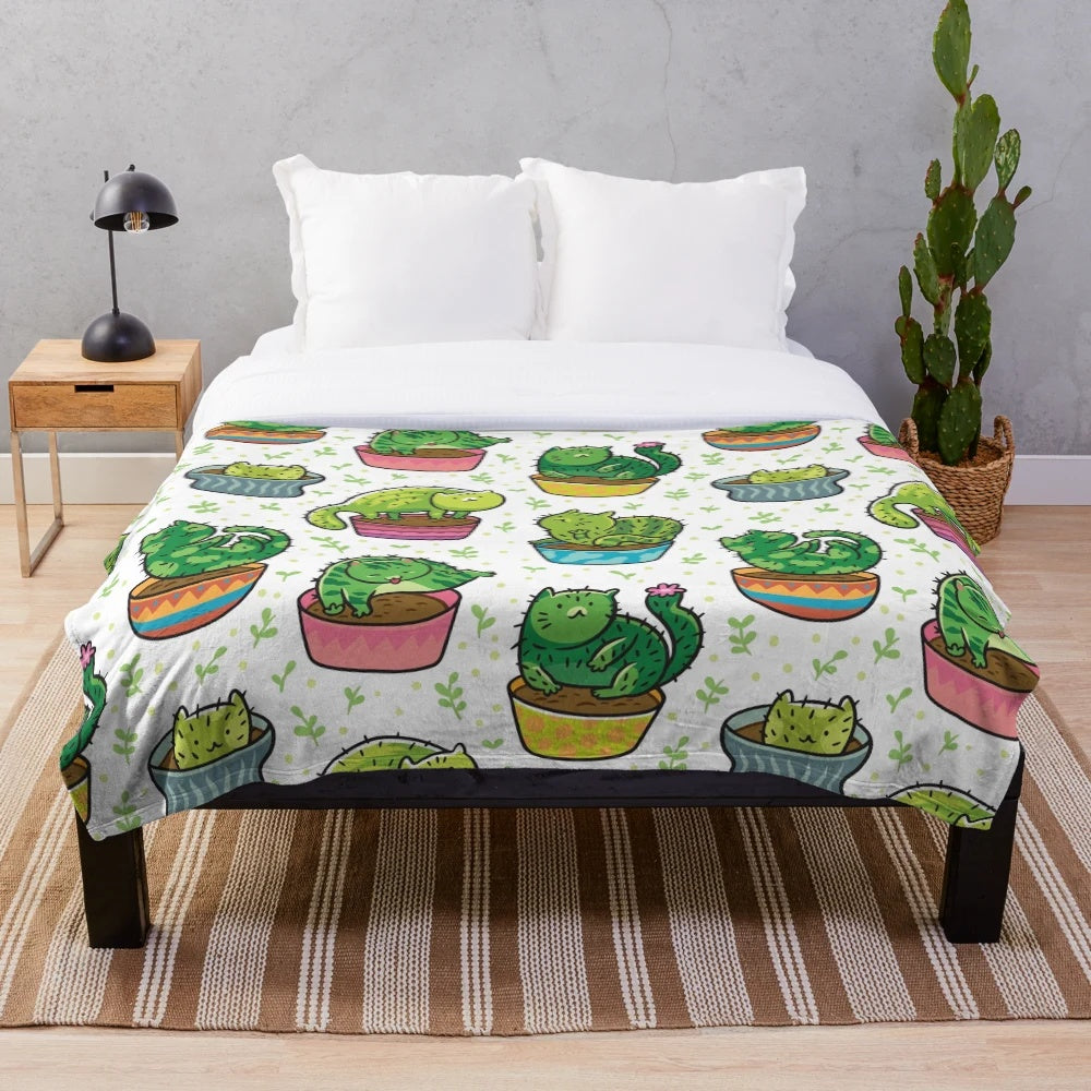 Cactus plush blanket with cartoon cat design