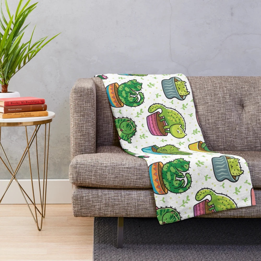 Cactus plush blanket with cartoon cat design