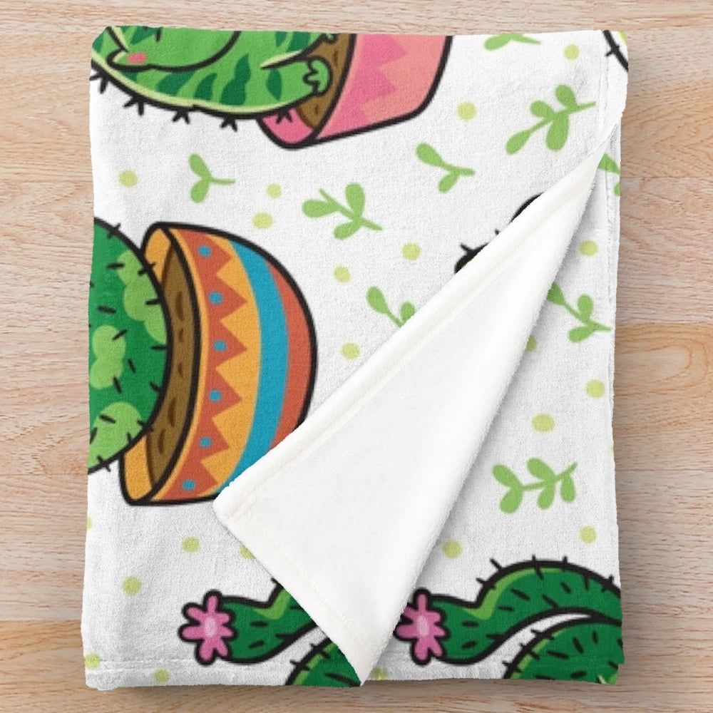 Cactus plush blanket with cartoon cat design