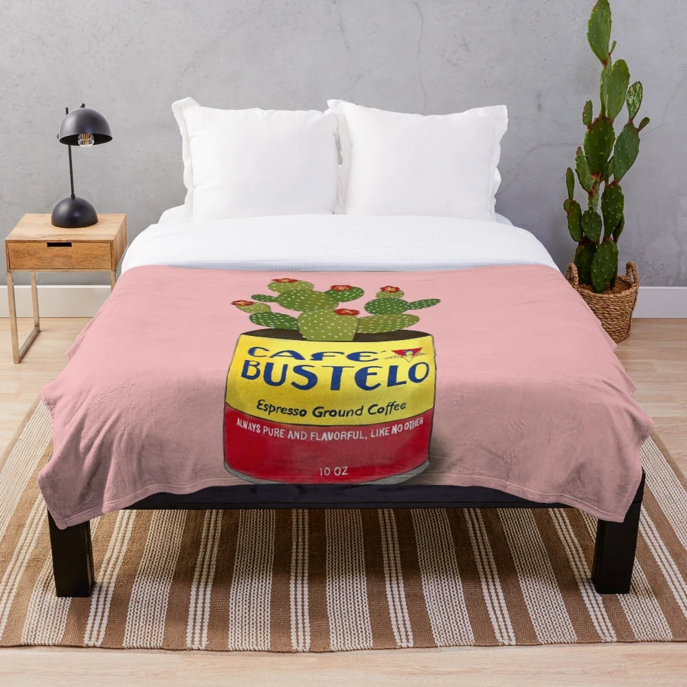 Plush blanket with cactus and cafe bustelo can illustration for cozy kitchen or home decor