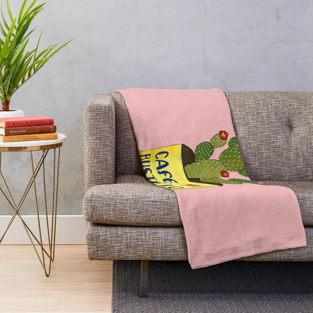 Plush blanket with cactus and cafe bustelo can illustration for cozy kitchen or home decor