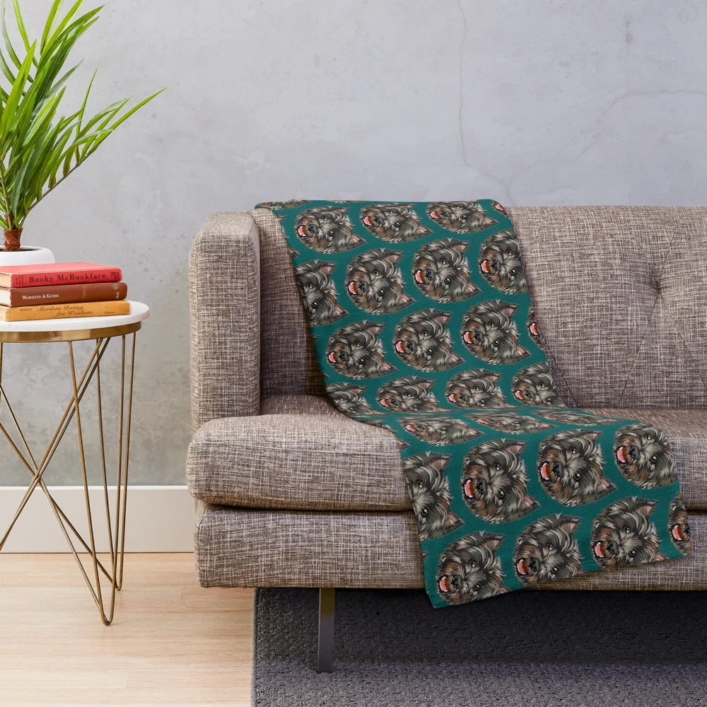 Dark cairn terrier plush blanket featuring an artistic dog portrait by Michelle Phong