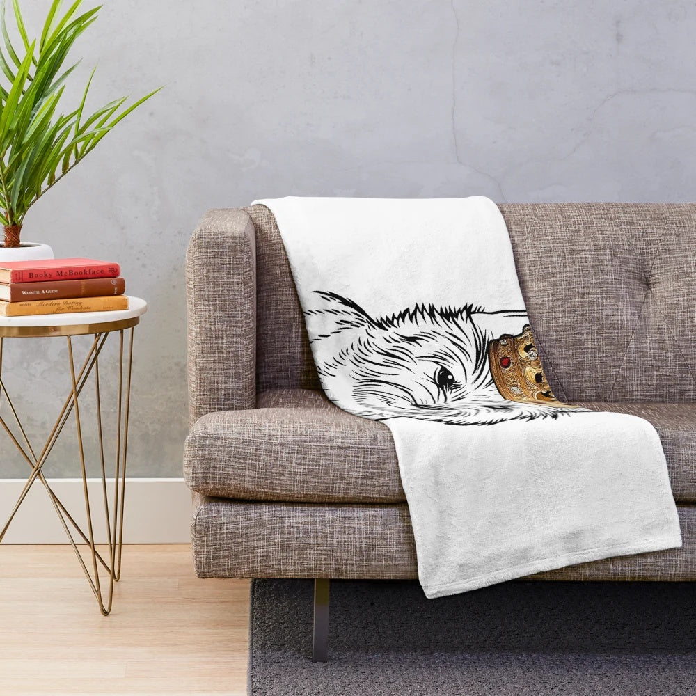 Cairn terrier dog wearing a crown on a plush blanket