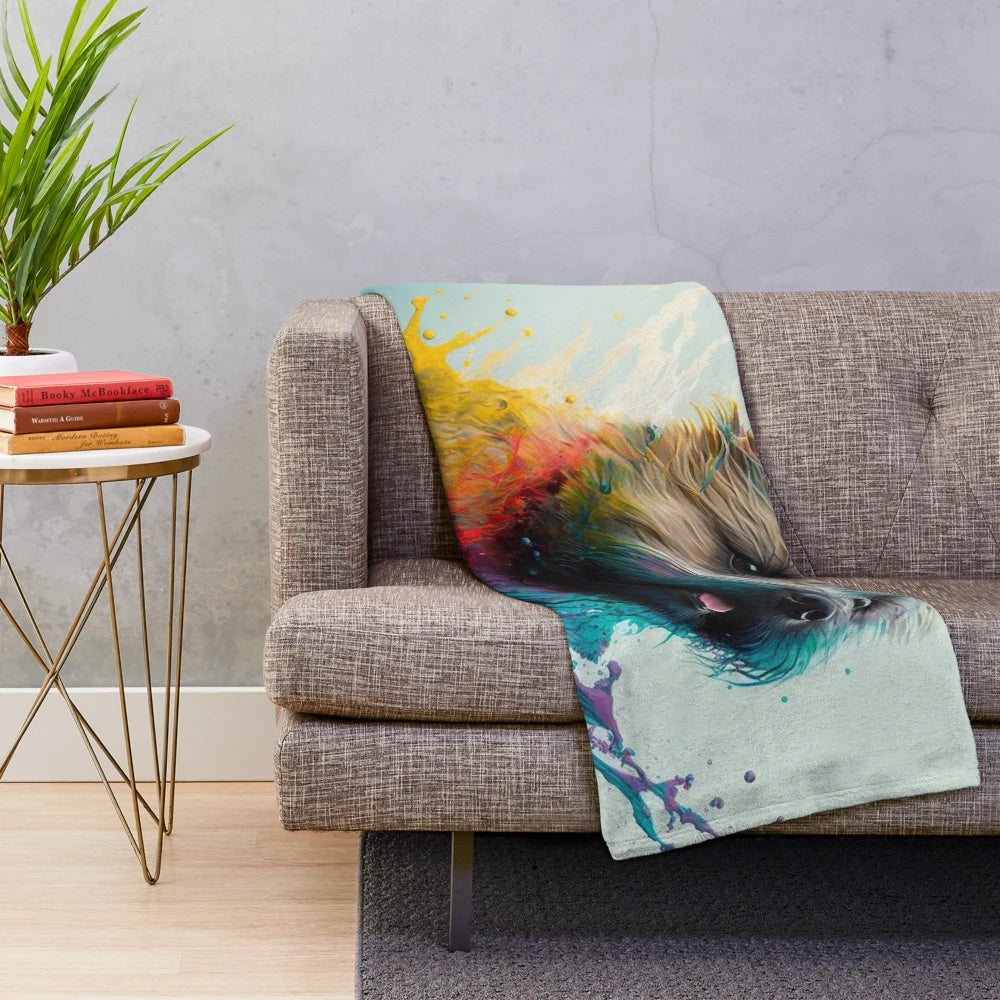 Cairn Terrier dog breed plush blanket with colorful synesthetic splash painting artwork