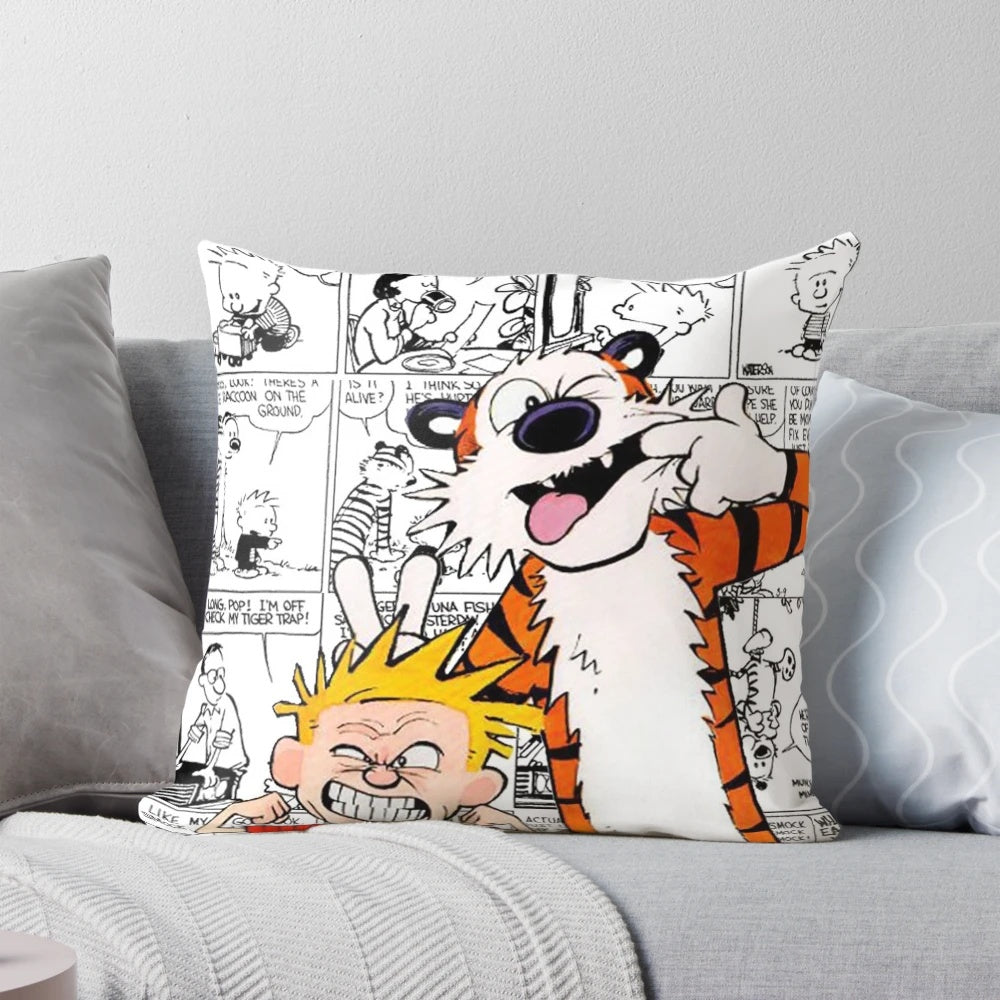 Plush Calvin and Hobbes pillow featuring the iconic tiger and boy duo