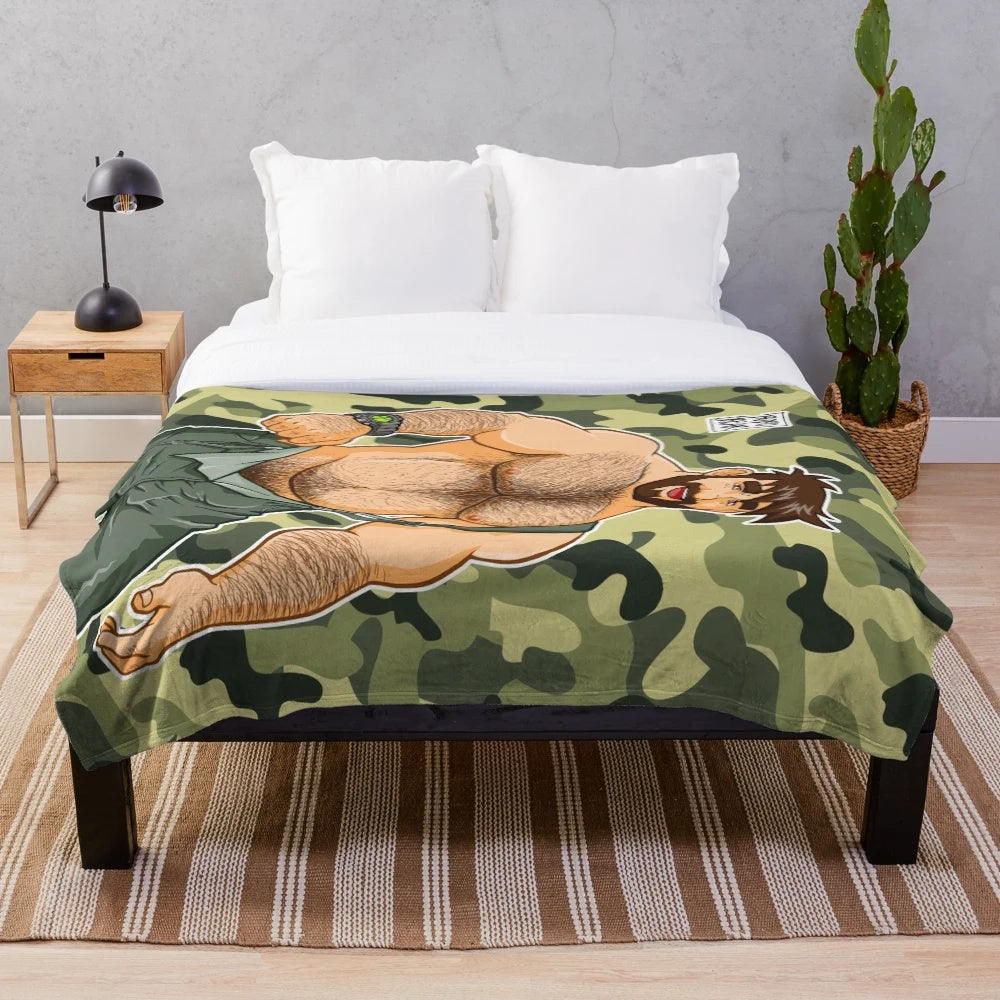 Camouflage plush blanket featuring a gay bear design