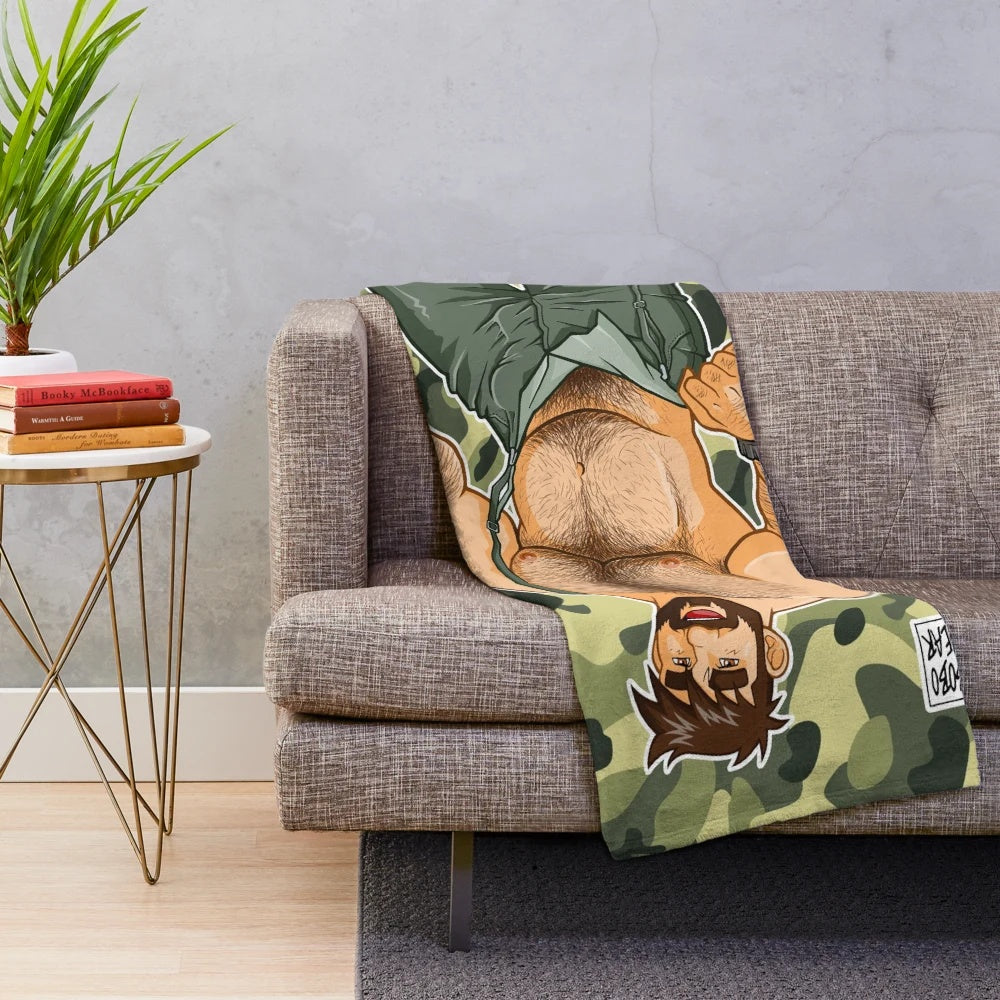 Camouflage plush blanket featuring a gay bear design