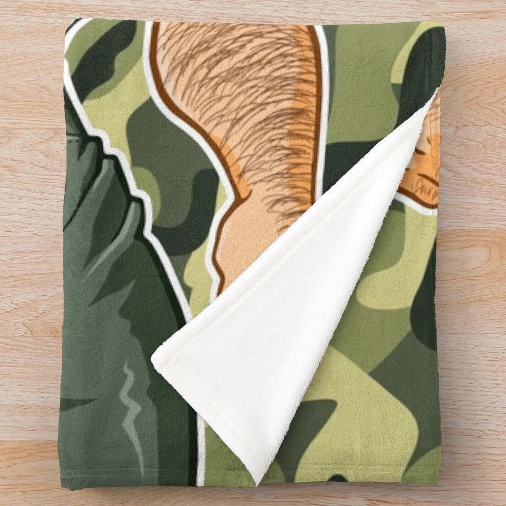 Camouflage plush blanket featuring a gay bear design