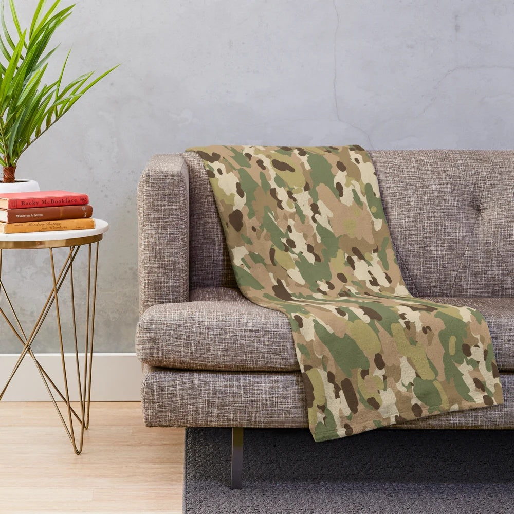 Plush camouflage blanket with military-style pattern
