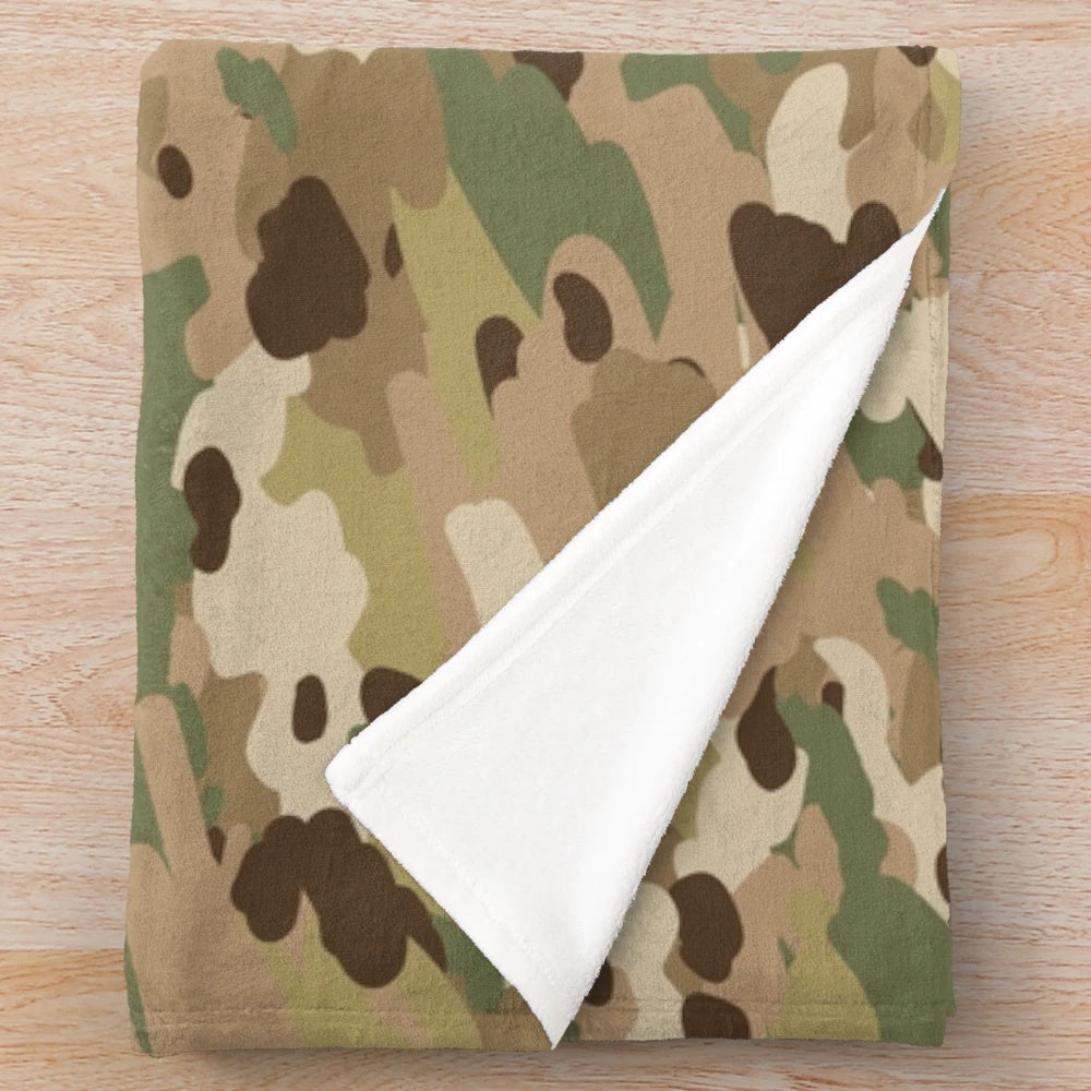 Plush camouflage blanket with military-style pattern