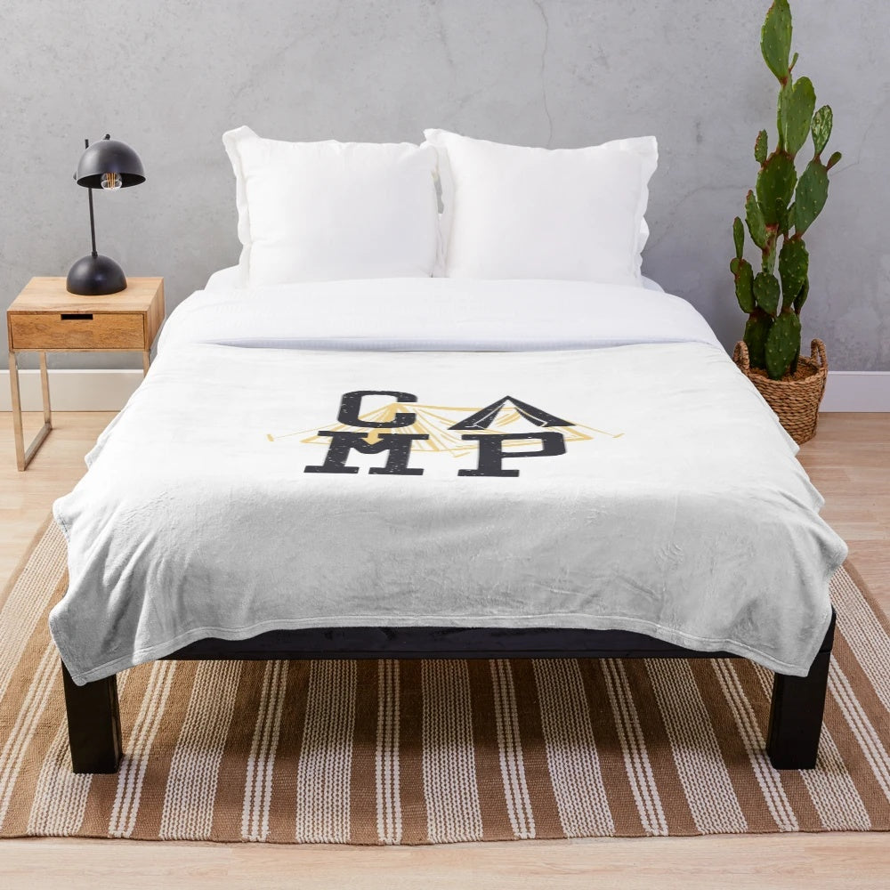 Plush camp-themed blanket for cozy outdoor activities