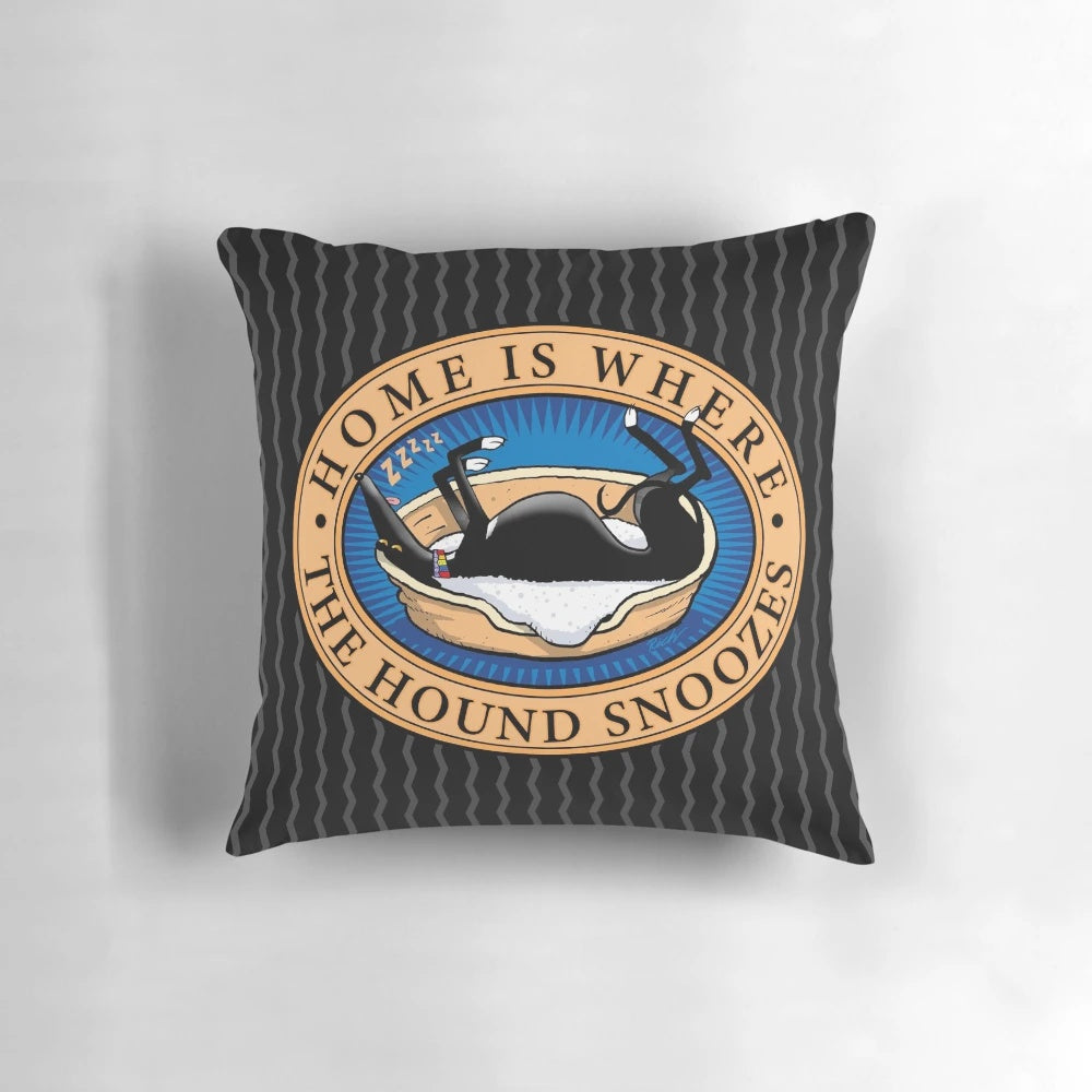 Cartoon illustration of a greyhound, whippet, or lurcher dog snoozing on a decorative pillow