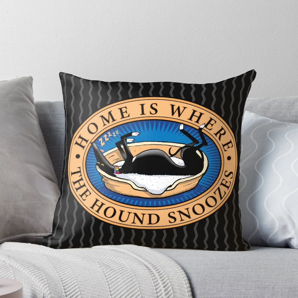 Cartoon illustration of a greyhound, whippet, or lurcher dog snoozing on a decorative pillow