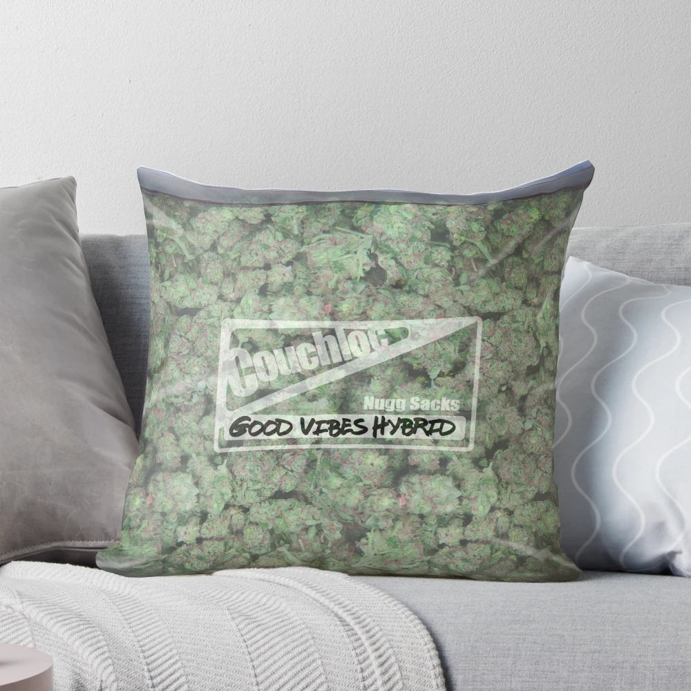 A plush, soft pillow featuring a playful cannabis-themed design.