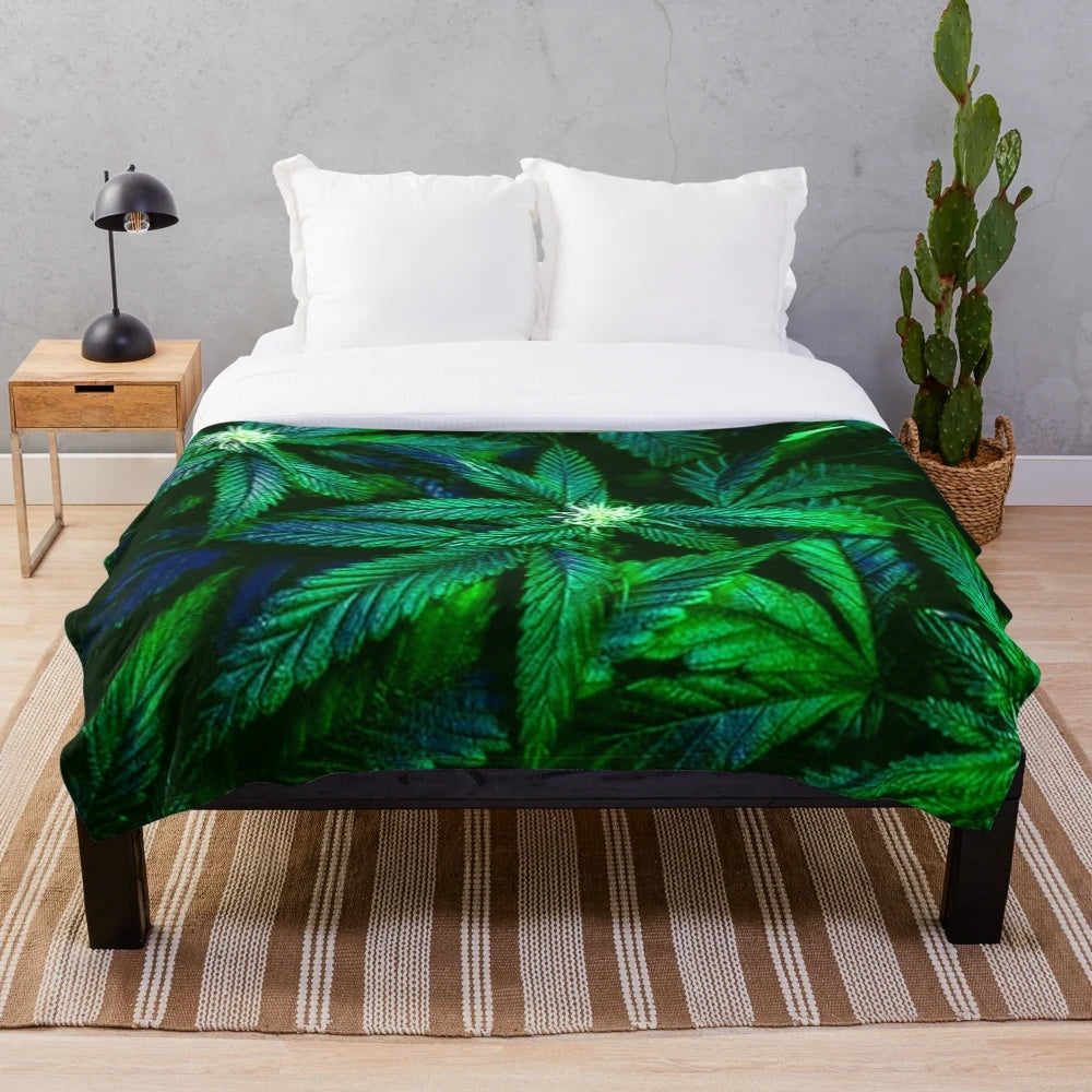 Plush blanket with cannabis/marijuana leaf print design