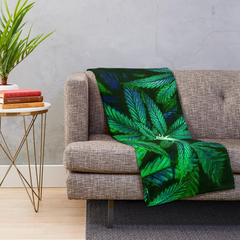 Plush blanket with cannabis/marijuana leaf print design