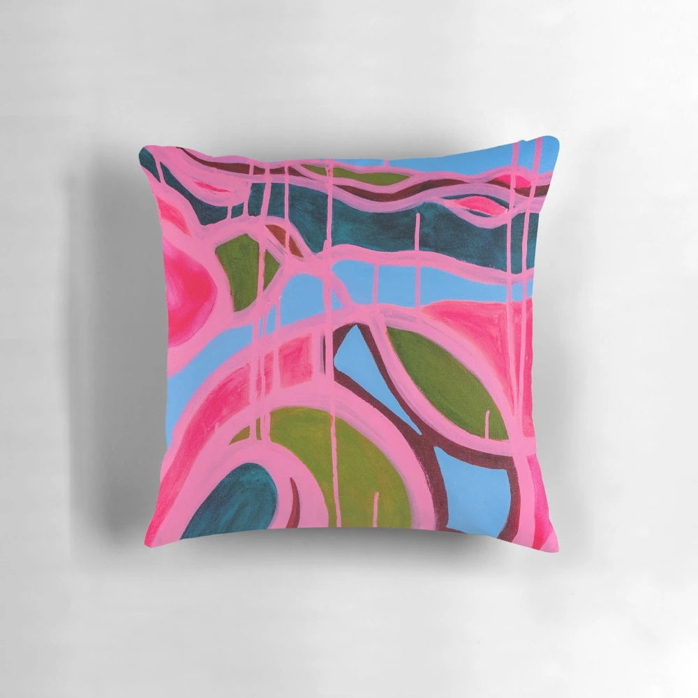 Soft and comfortable Capri Dreaming decorative pillow in pink, blue, burgundy, green, and teal colors