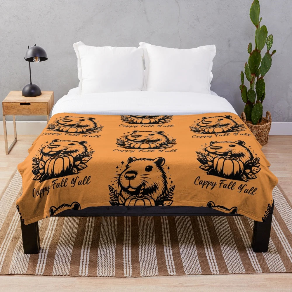 Adorable Capybara Plush Blanket with Pumpkin Spice Accents