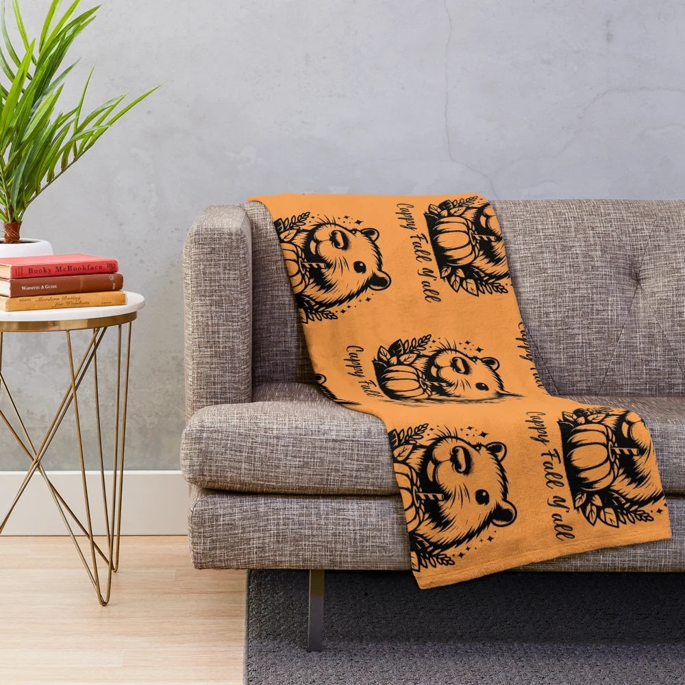 Adorable Capybara Plush Blanket with Pumpkin Spice Accents