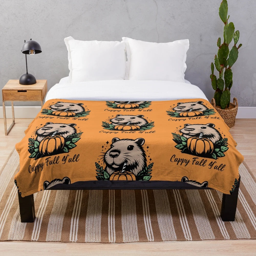 Adorable capybara plush blanket in autumn colors and patterns