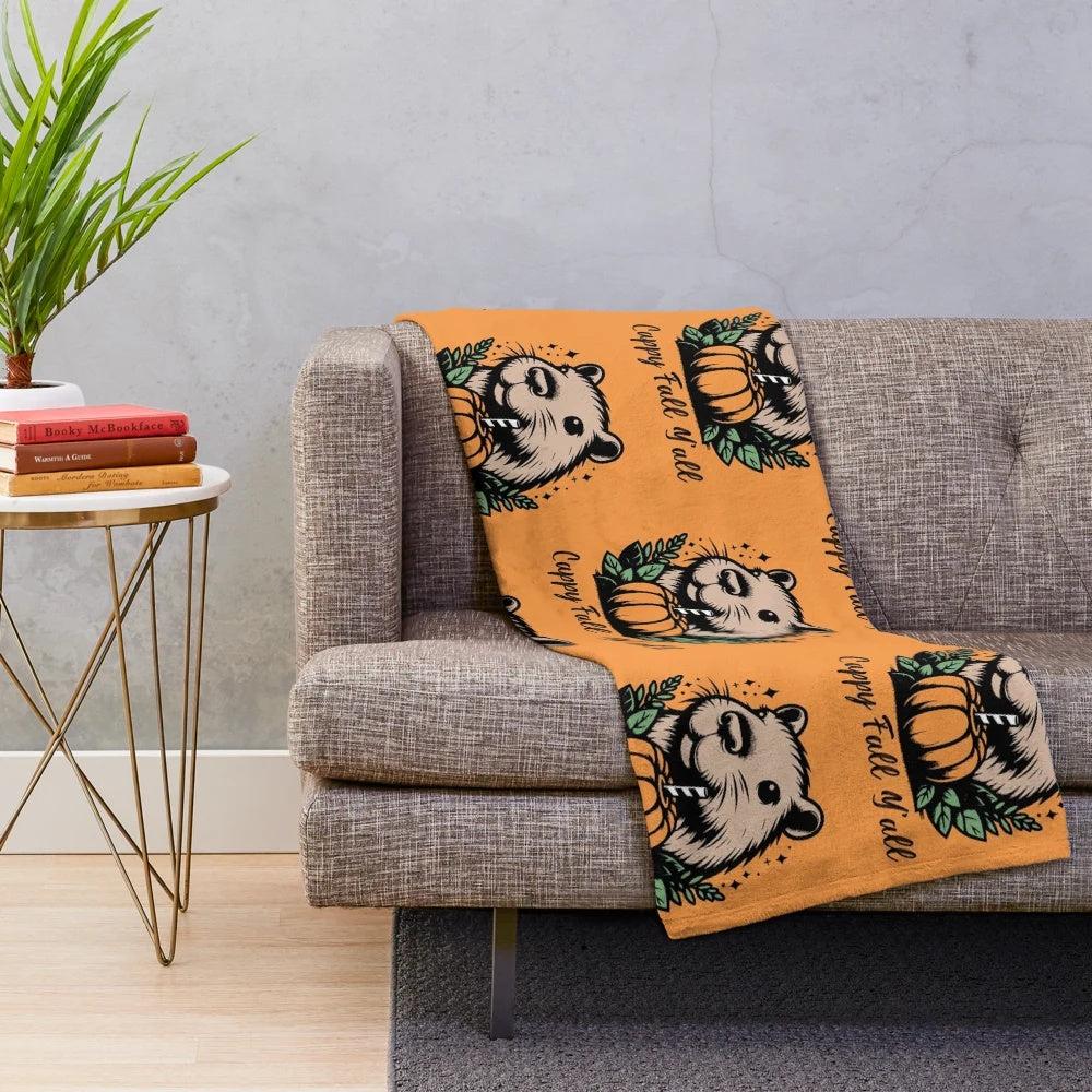 Adorable capybara plush blanket in autumn colors and patterns