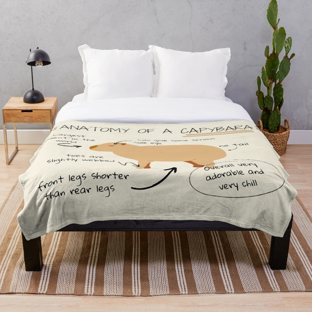 Soft and cuddly plush blanket featuring a detailed capybara design