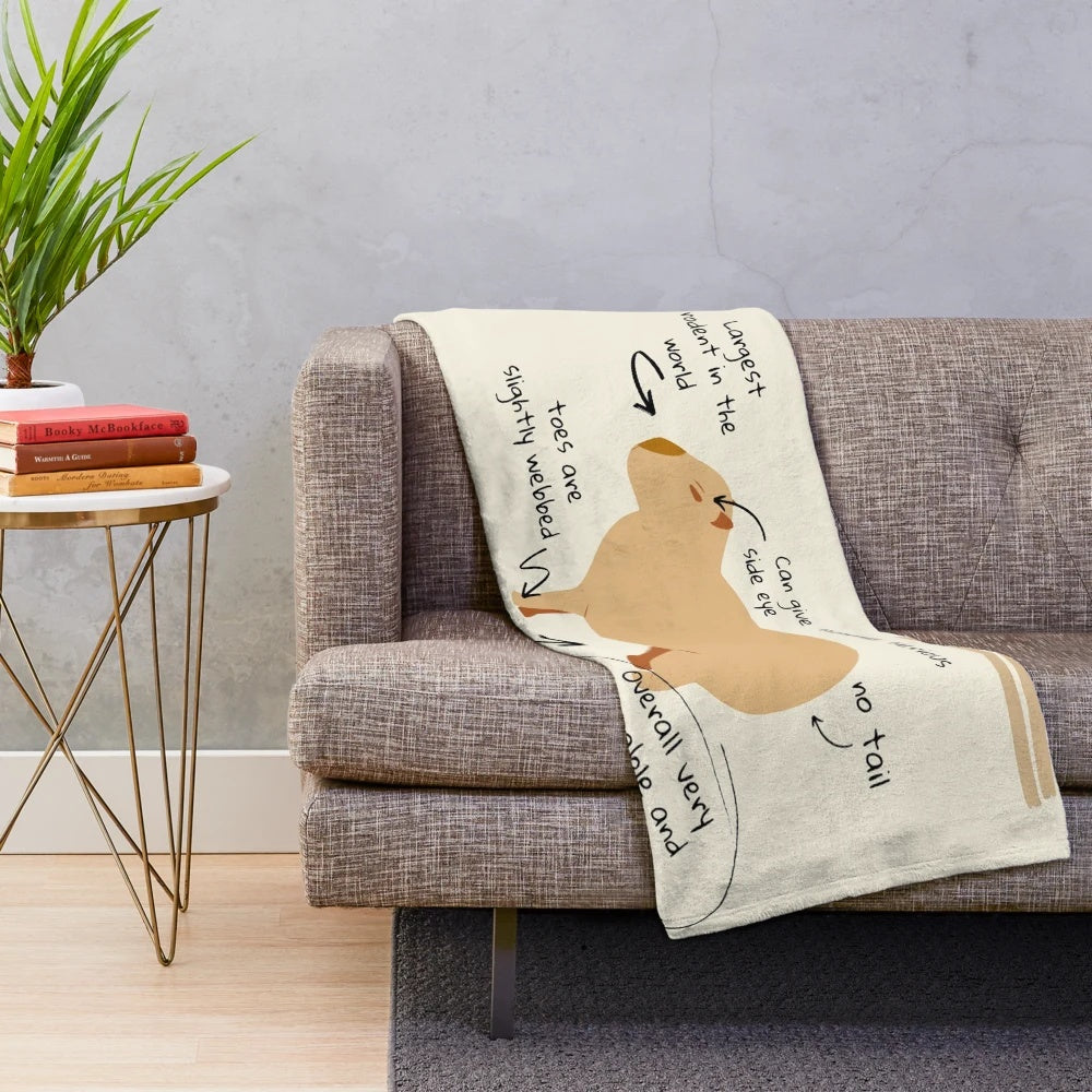 Soft and cuddly plush blanket featuring a detailed capybara design