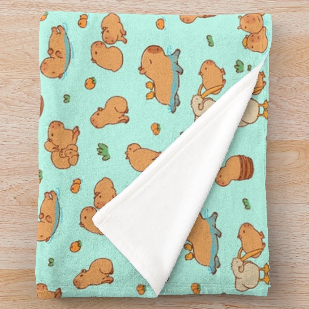 Cute capybara illustration seamless pattern on a plush blanket