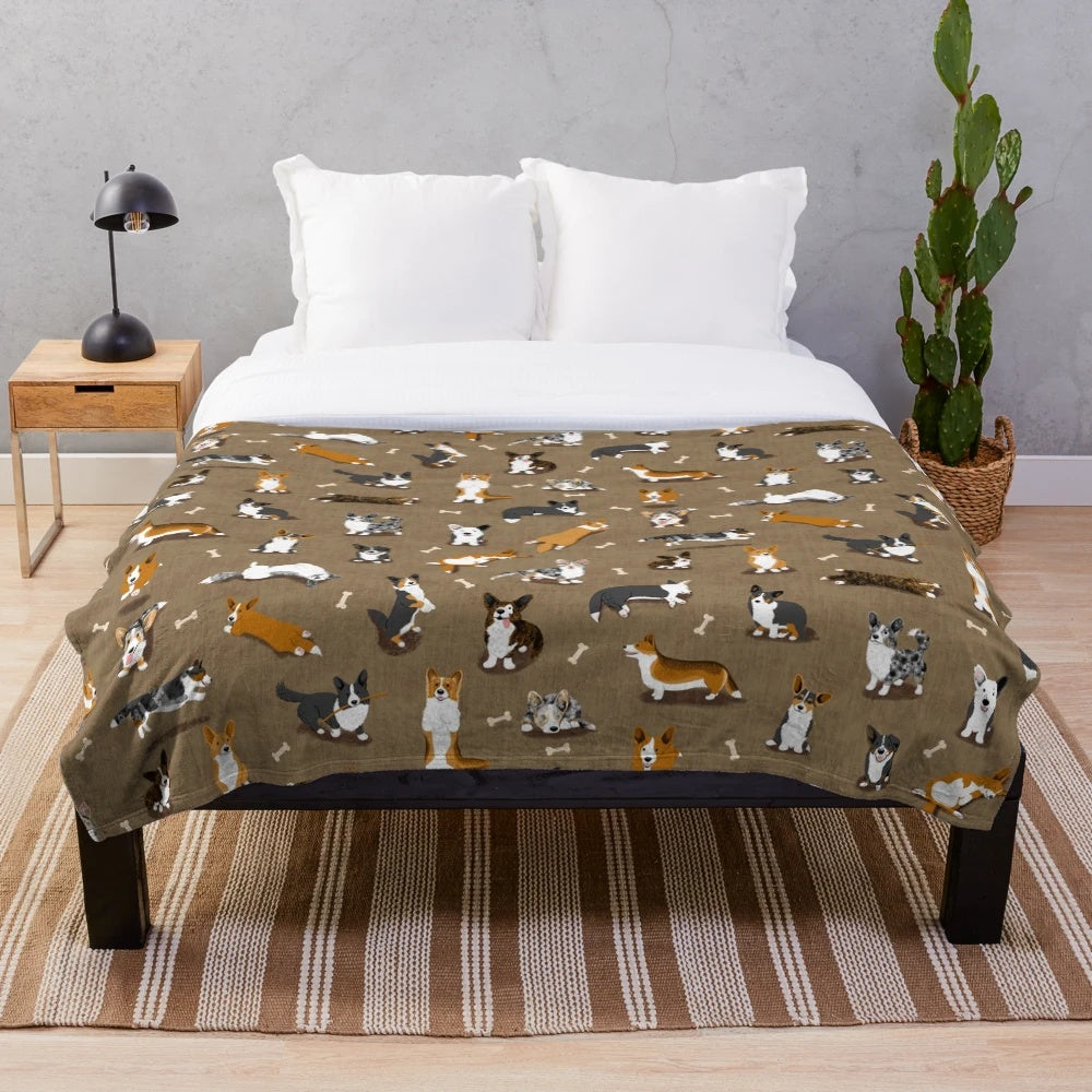Cardigan Welsh Corgi pattern printed on a soft, brown plush blanket